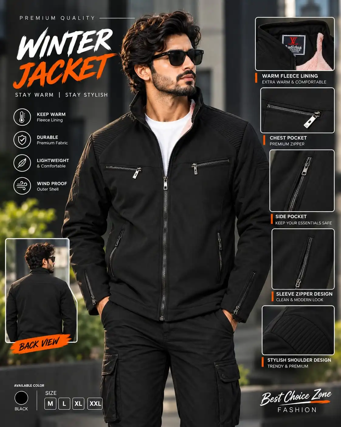 China Sherpa Winter Jacket for Men – Black
